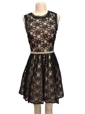 City Studio Black Floral Lace Sleeveless Dress With Nude Lining Pearl Beaded Wai